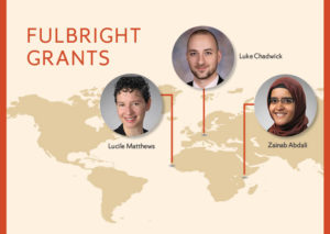 Picture of world map showing 3 Fulbright recipients and theor geographic placements