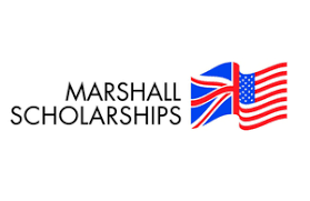 words "Marshall Scholarship" in front of a white background, and to the right is a logo that is a flag that is half the UK flag and half the US flag