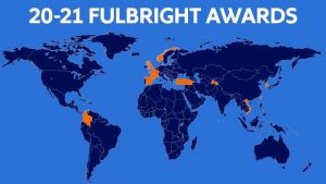 Blue-toned global map with countries highlighted in orange that SU students will visit as part of their Fulbright grant