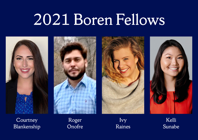 four headshots in a row of SU's 2021 Boren Fellows