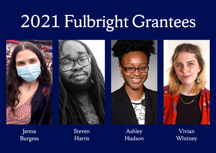 blue rectangle with 4 parallel photos each picturing one of this year's SU Fulbright recipients.