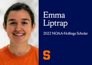 portrait of a white woman on the left with brown hair and an orange tshirt smiling. On the right is a blue background with the text "Emma Liptrap 2022 NOAA-Hollings Scholar" and an orange S at the bottom