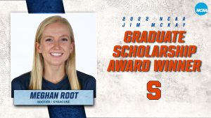 headshot of a blonde woman smiling with the text "Meghan Root" below. To the right is text that reads "2022 NCAA Jim McKay Graduate Scholarship Award Winner"
