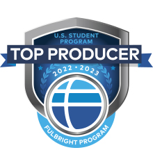 Fulbright logo (blue ombre circle with white lines that intersect to look like an F) with the text above and below reading "Fulbright U.S. student program top producer 2022-2023"