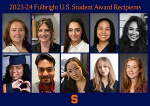 10 headshots in two rows with the text 23-24 Fulbright U.S. Student Award Recipients written above in orange on a blue background
