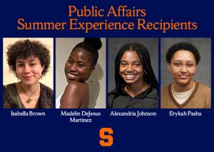four headshots in a row with smiling female students, above which reads the text Public Affairs Summer Experience Recipients