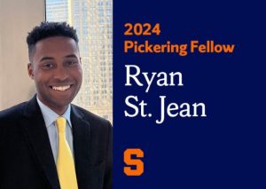 a man smiles in a headshot, he wears a suit and a yellow tie. To the right of his picture is text that reads 2024 pickering fellow Ryan St. Jean.