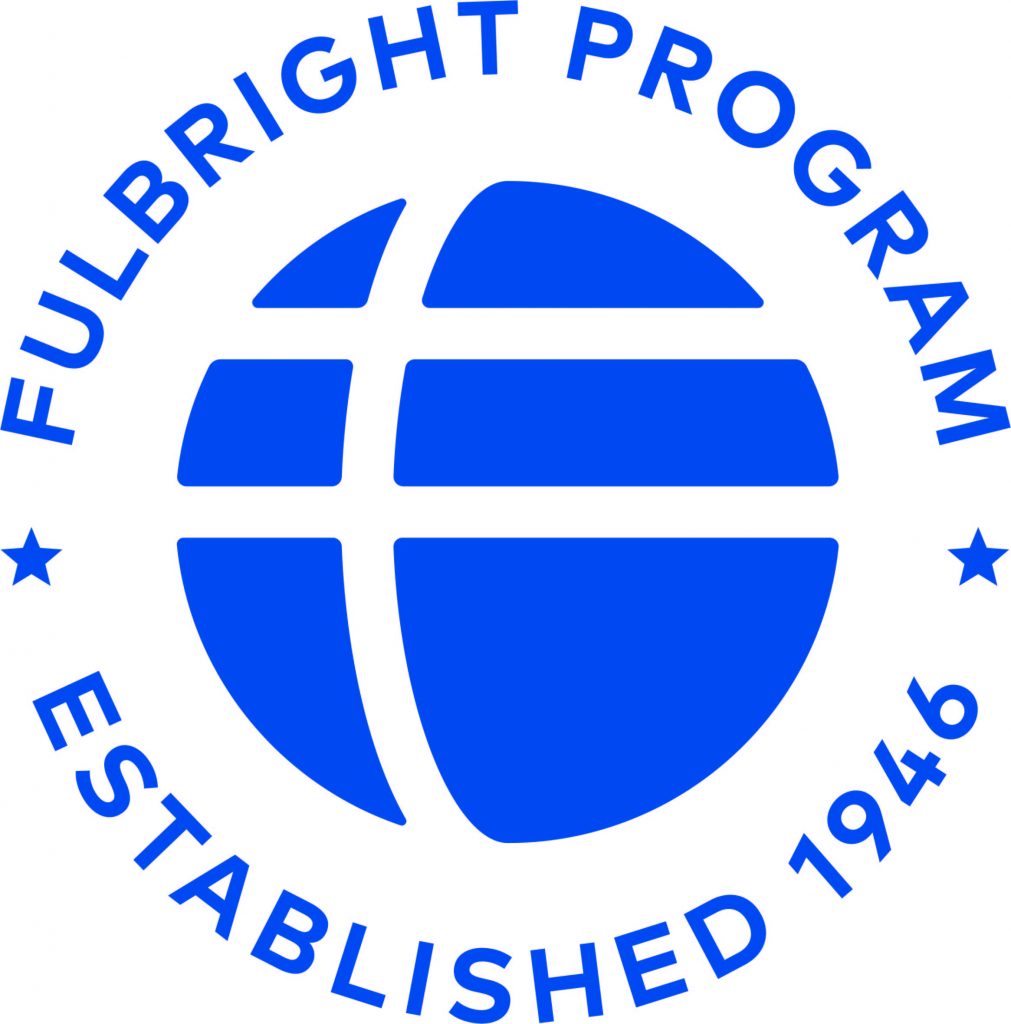 Blue circle with white lines slashed through it that look like an F, with the text Fulbright Program Established 1946 surrounding it.