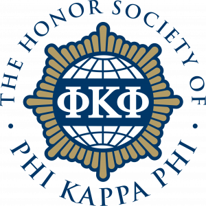 Greek letters for Phi Kappa Phi are centered in a globe and surrounded by gold detail. The whole image is surrounded by the words The Honor Society of PHI KAPPA PHI