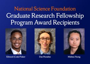 Blue rectangle with the text National Science Foundation Graduate Research Fellowship Program Award Recipients. Below that is the headshots and names of the three recipients - Edward (Cole) Fluker, Dan Paradiso, and Melissa Yeung.