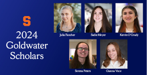blue graphic with headshots of the five 2024 Goldwater Scholars. Each is a woman with long hair smiling at the camera.