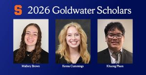 Blue rectangle with the headshots of Mallory Brown, Kenna Cummings, and Khuong Pham. Text above their headshots reads 2026 Goldwater Scholars. Their names appear below their pictures.