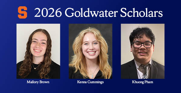 Blue rectangle with the headshots of Mallory Brown, Kenna Cummings, and Khuong Pham. Text above their headshots reads 2026 Goldwater Scholars. Their names appear below their pictures.